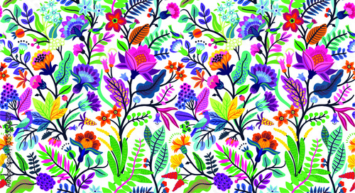 Seamless floral pattern with bright colorful flowers and tropic leaves on a white background. The elegant the template for fashion prints. Modern floral background. Trendy Folk style.
