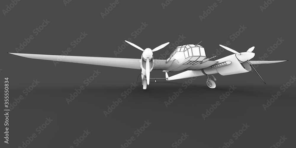 Three-dimensional model of the bomber aircraft of the second world war. Body with two tails and wide wings. Turboprop engine. Drawn airplane on a gray background. 3d illustration. Three-dimensional model of the bomber aircraft of the second world war. Body with two tails and wide wings. Turboprop engine. Drawn airplane on a gray background. 3d illustration.