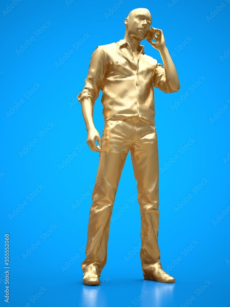 Gold figure of a black man talking on the phone. 3d rendering. Gold figure of a black man talking on the phone. 3d rendering.