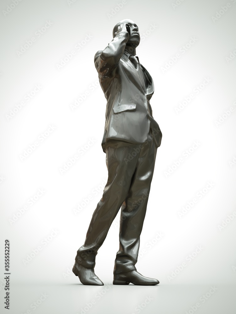 Plastic figure of a black man in a suit talking on the phone. 3d rendering.