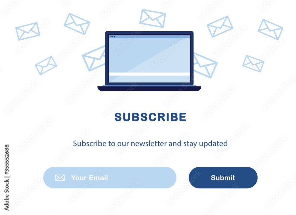 Vector banner illustration of email marketing. Subscription to newsletter, news, offers, promotions. Computer, laptop Buttons template. Subscribe, submit. Send by mail. Blue and White. Eps 10