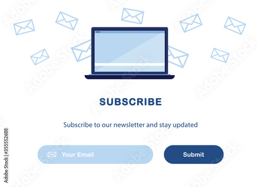 Vector banner illustration of email marketing. Subscription to newsletter, news, offers, promotions. Computer, laptop Buttons template. Subscribe, submit. Send by mail. Blue and White. Eps 10 © accogliente