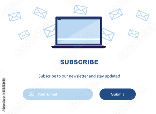 Vector banner illustration of email marketing. Subscription to newsletter, news, offers, promotions. Computer, laptop Buttons template. Subscribe, submit. Send by mail. Blue and White. Eps 10