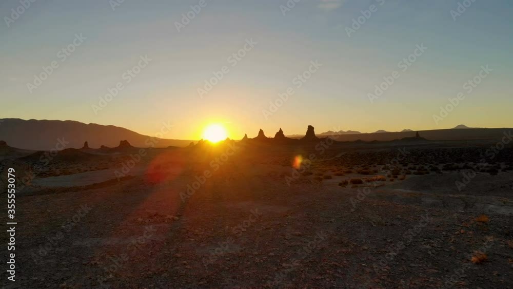 Aerial flyover of towering tufa formations in morning light at Trona Pinnacles, California Aerial flyover of towering tufa formations in morning light at Trona Pinnacles, California