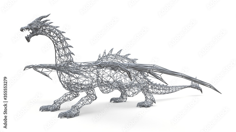 Big dragon stands on the ground. Three-dimensional illustration of the polygonal mesh on a white background. 3d illustration. Big dragon stands on the ground. Three-dimensional illustration of the polygonal mesh on a white background. 3d illustration.
