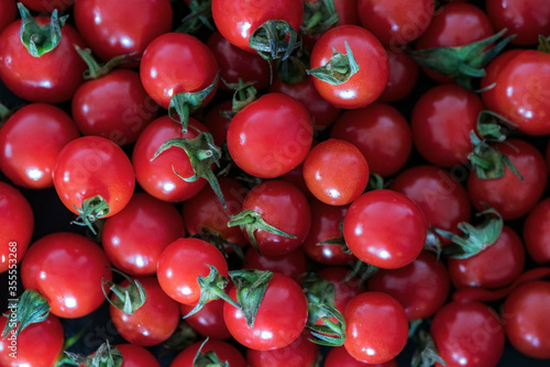Cherry tomatoes on a table, close up, above vantage point photography, macro photography