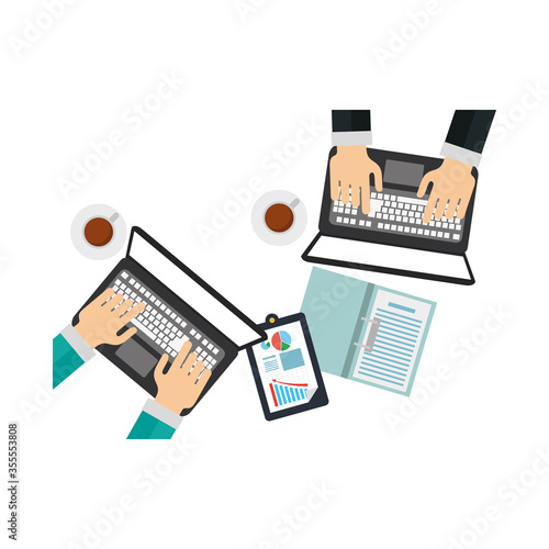Hands on laptops and document with infographic vector design