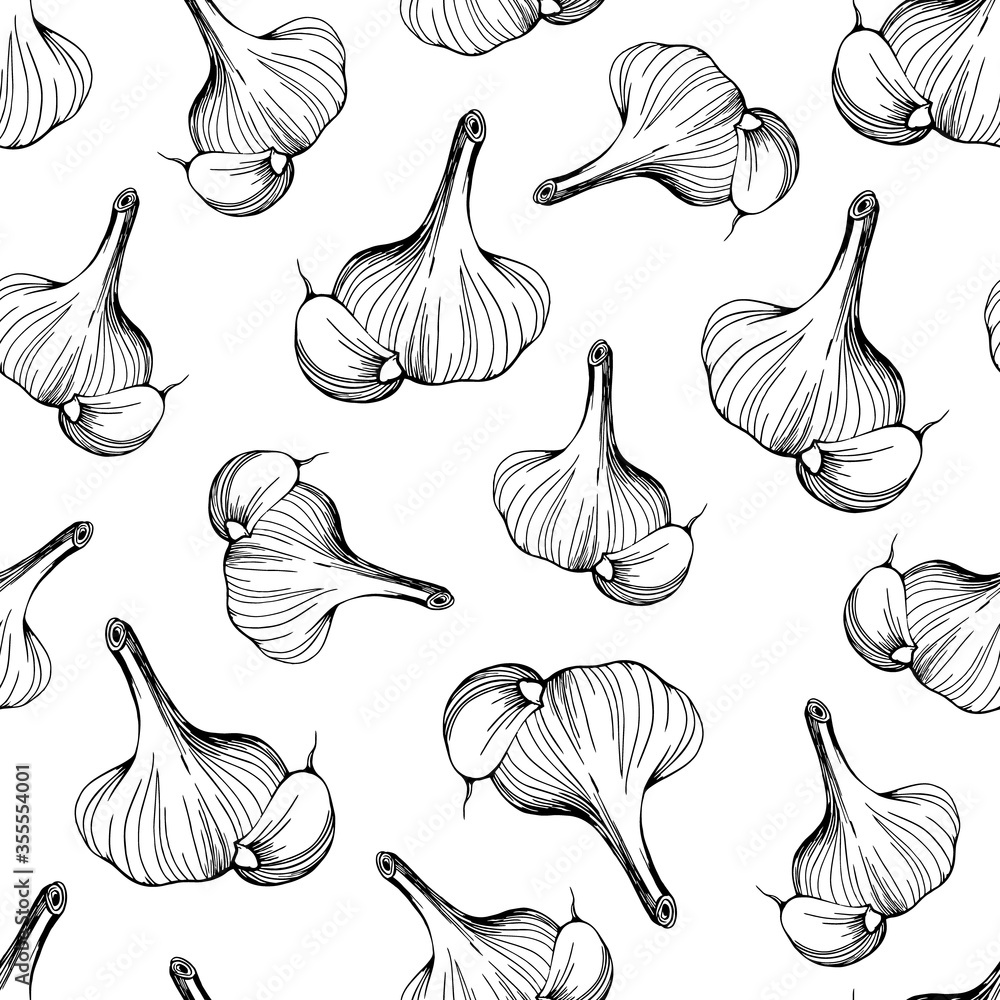 seamless pattern of garlic on a white background.A simple pattern of garlic.Hand-drawn vector illustration in the Doodle style. Head of garlic - obrazy, fototapety, plakaty 