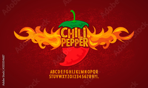 Vintage font with a grunge effect, handwritten font and alphabet. Vector illustration. Chili pepper, hot, burns with fire.
