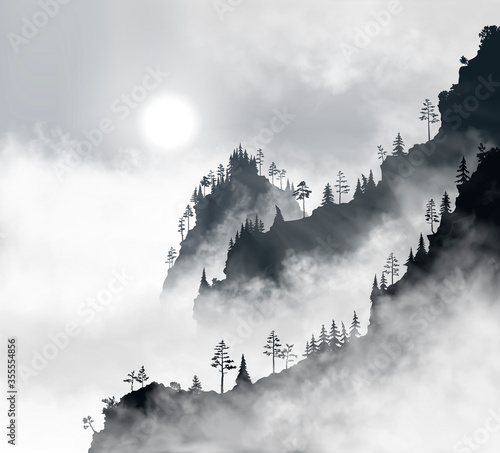 Beautiful mountain forest at early morning. Sun shines through the realistic fog clouds. Black and whte vector illustration of good quality.