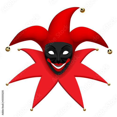 Black Joker mask in red jester hat isolated on white