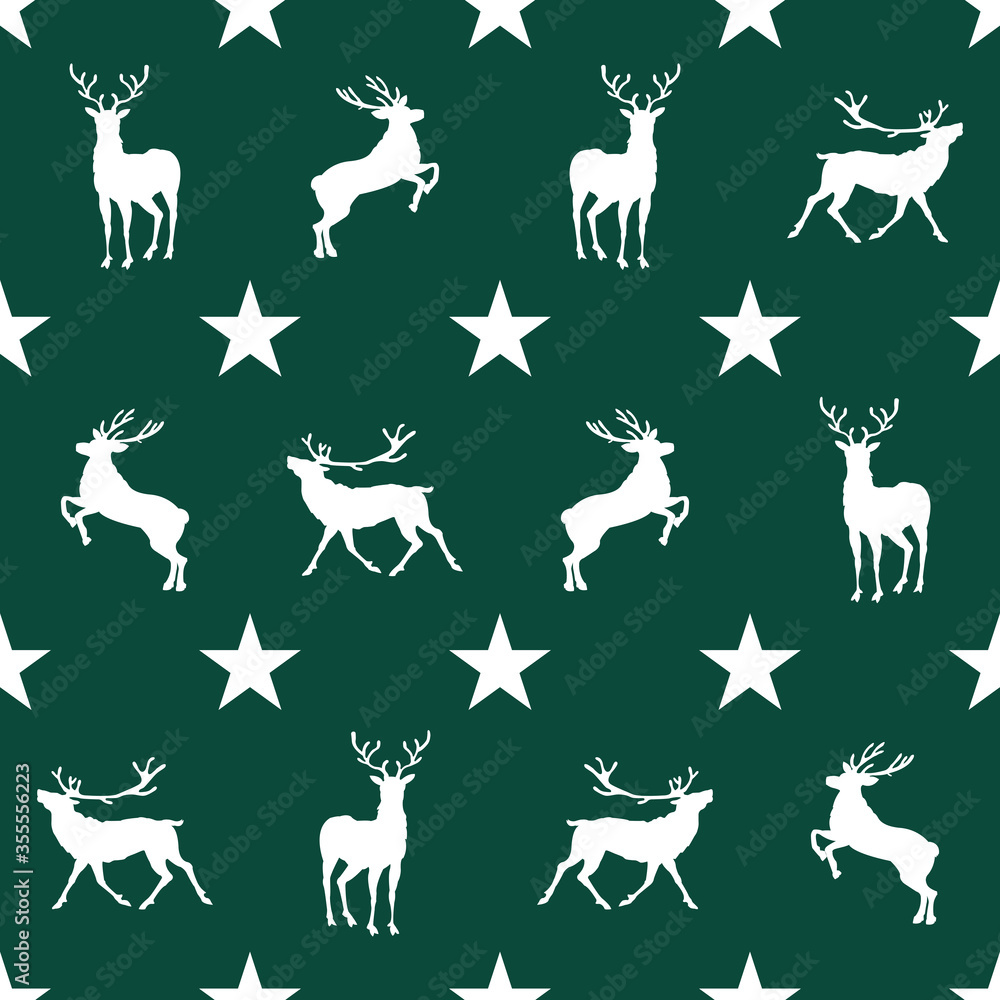 Seamless Vector of Rain Deers with stars. Green background. Seamless Vector of Rain Deers with stars. Green background.