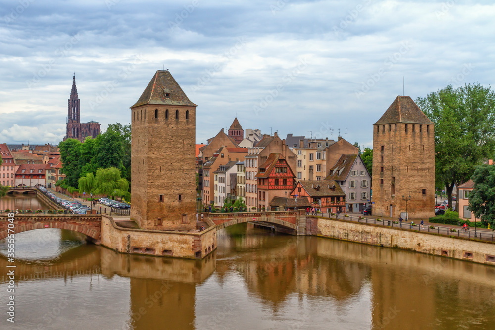 The twin watchtowers of the Ponts Couverts by day, Strasbourg, France