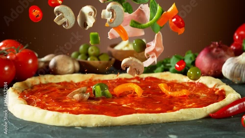 Super slow motion of falling pizza ingredients on yeast dough. Filmed on high speed cinema camera, 1000 fps. photo