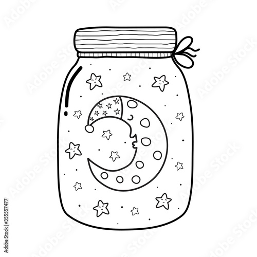 Magic in a jar coloring page with a cute sleeping moon