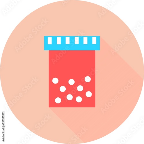 Medical bottle in circle icon with long shadows. Medicine, pharmacy, hospital of drugs. Medication, pharmaceutics concept. Vector illustration. Drugs flat icon: pill, capsule. Healthcare medicine icon