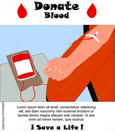 
día internacional del donante de sangre, ilustración de un donante de sangre, con un texto que insta a donar y salvar una vida