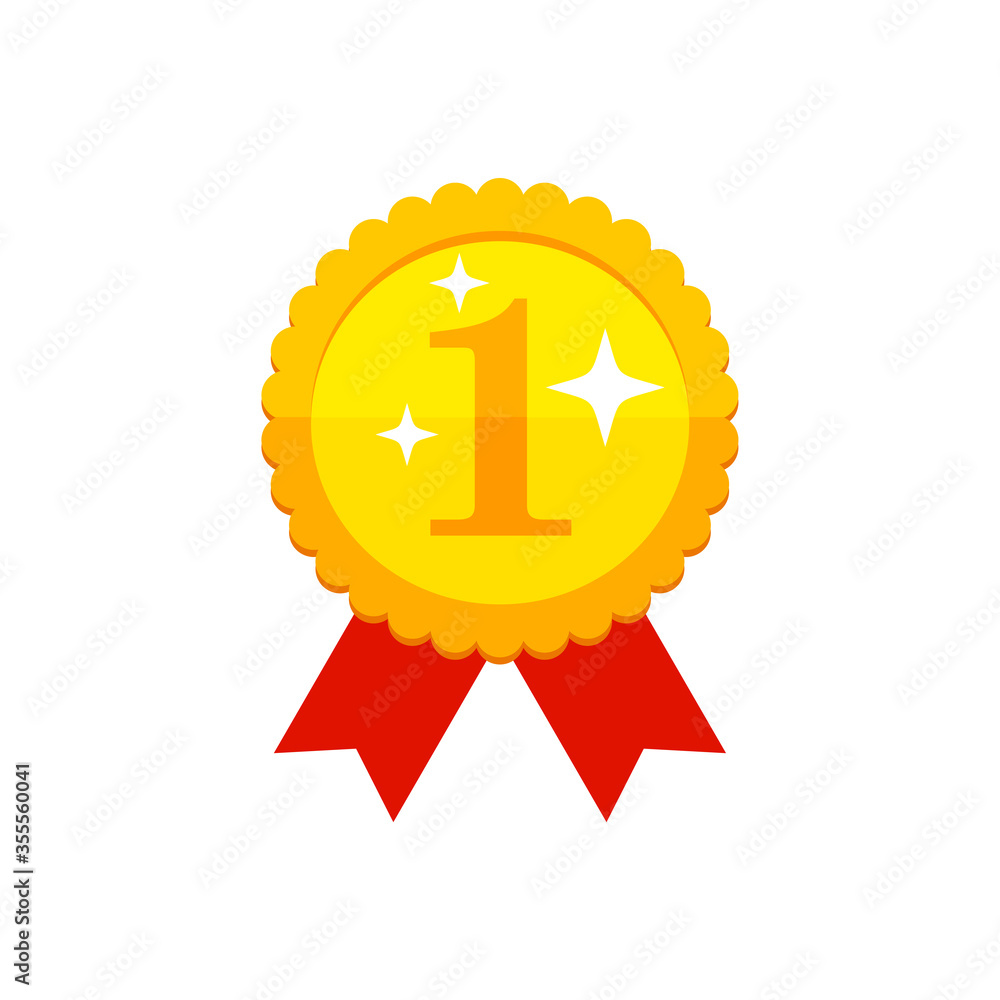 First place medal - golden award with 1 digit, red ribbon and brilliance light stars - vector flat icon for achievement, competition, contest First place medal - golden award with 1 digit, red ribbon and brilliance light stars - vector flat icon for achievement, competition, contest