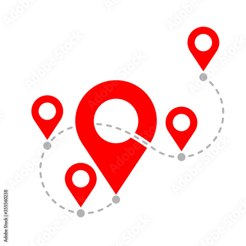 Travel path - dotted curve line with geo markers (pins) and route points - vector isolated illustration for tourism or delivery companies