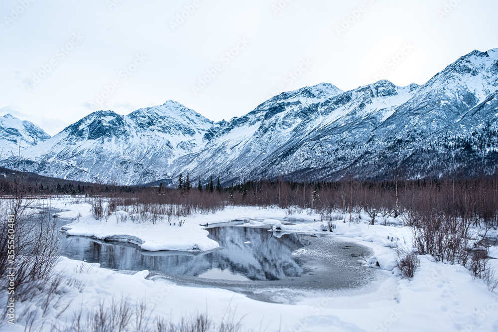Winter Snow Scene in a Valley with Pond and Stream