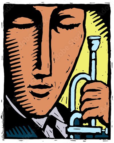 Stylized Woodcut Illustration of a Trumpet Player