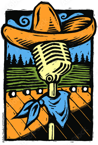 Southwest Style Woodcut with a Vintage Microphone Wearing a Hat and Scarf