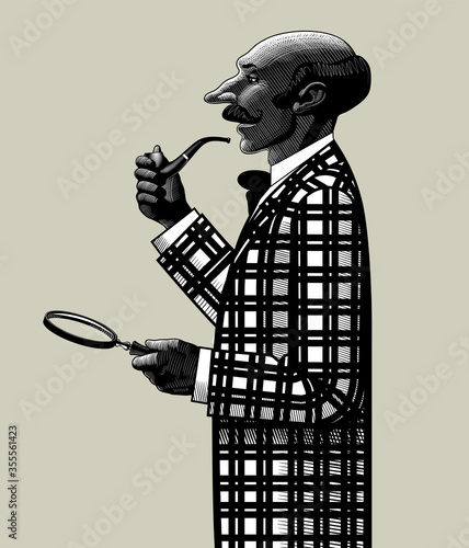 Engraved drawing of a bald man with pipe and magnifying glass
