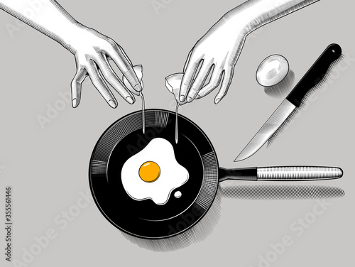 Engraved drawing of female hands cook the fried eggs