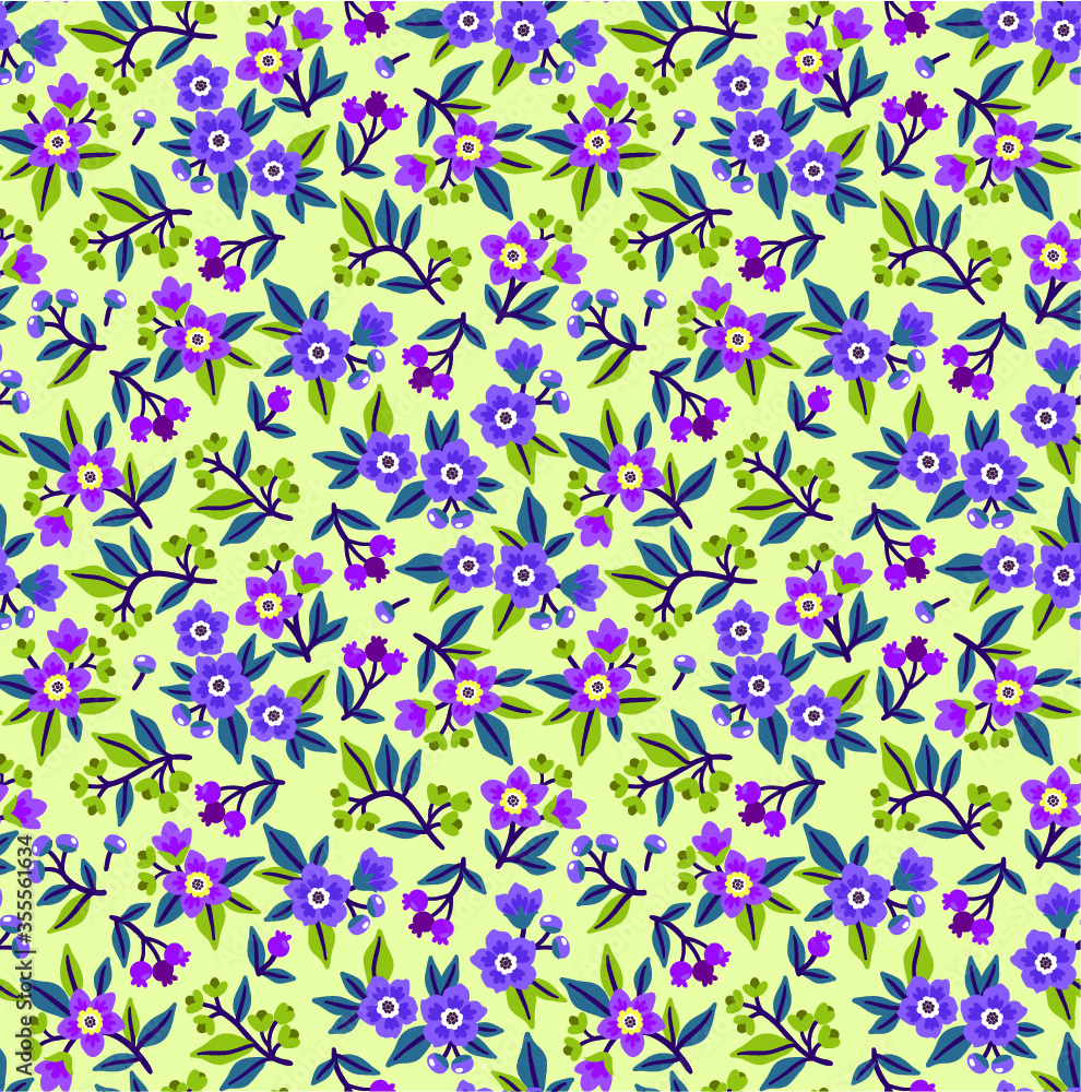 Seamless floral pattern for design. Small purple flowers and leaves. White background. Modern floral texture. A allover floral design in bright colors. The elegant the template for fashion prints.