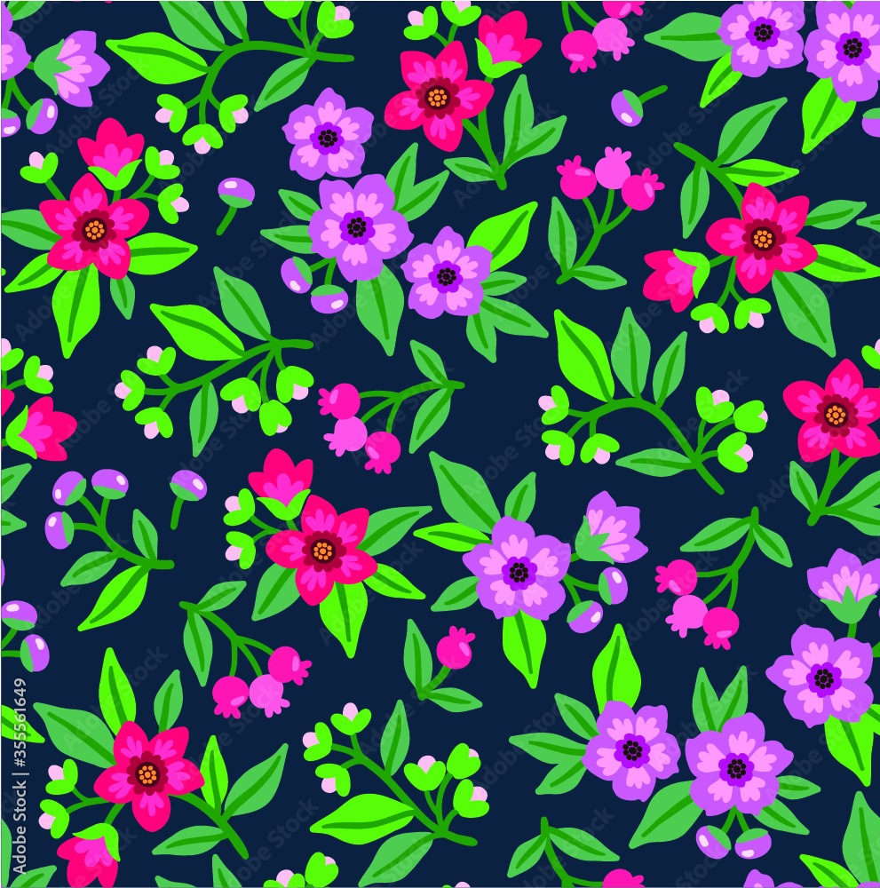 Seamless floral pattern for design. Small-scale pink flowers and leaves. Dark background. Modern floral texture. A allover floral design in bright colors. The elegant the template for fashion prints. Seamless floral pattern for design. Small-scale pink flowers and leaves. Dark background. Modern floral texture. A allover floral design in bright colors. The elegant the template for fashion prints.