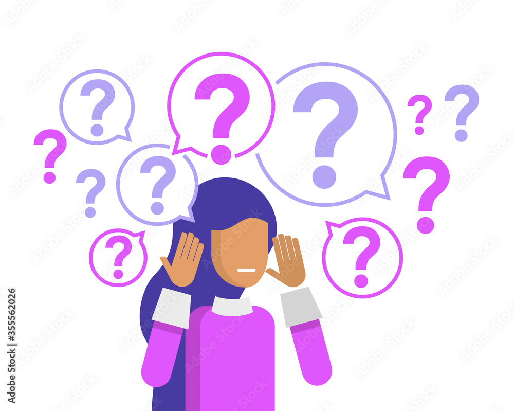 Young business woman thinking with question marks around. Vector character flat cartoon illustration. Business woman surrounded by question marks concept. Young business woman thinking with question marks around. Vector character flat cartoon illustration. Business woman surrounded by question marks concept.