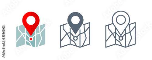 Location icon set in 3 variations - geo pin GPS pointer marker on flat map - isolated icons or logo for tourism, travel