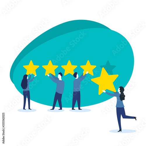 People holding stars and collecting them into positive feedback - best satisfaction level and critic concept - five stars rating flat style vector concept