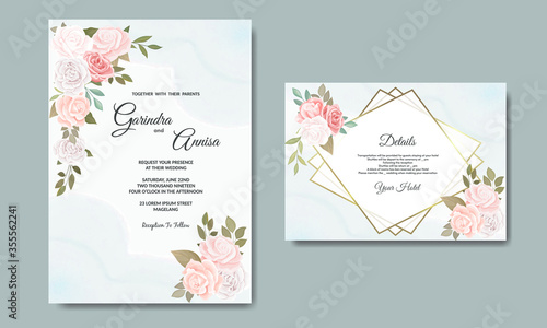 Wedding invitation card template set with beautiful colourful floral leaves
