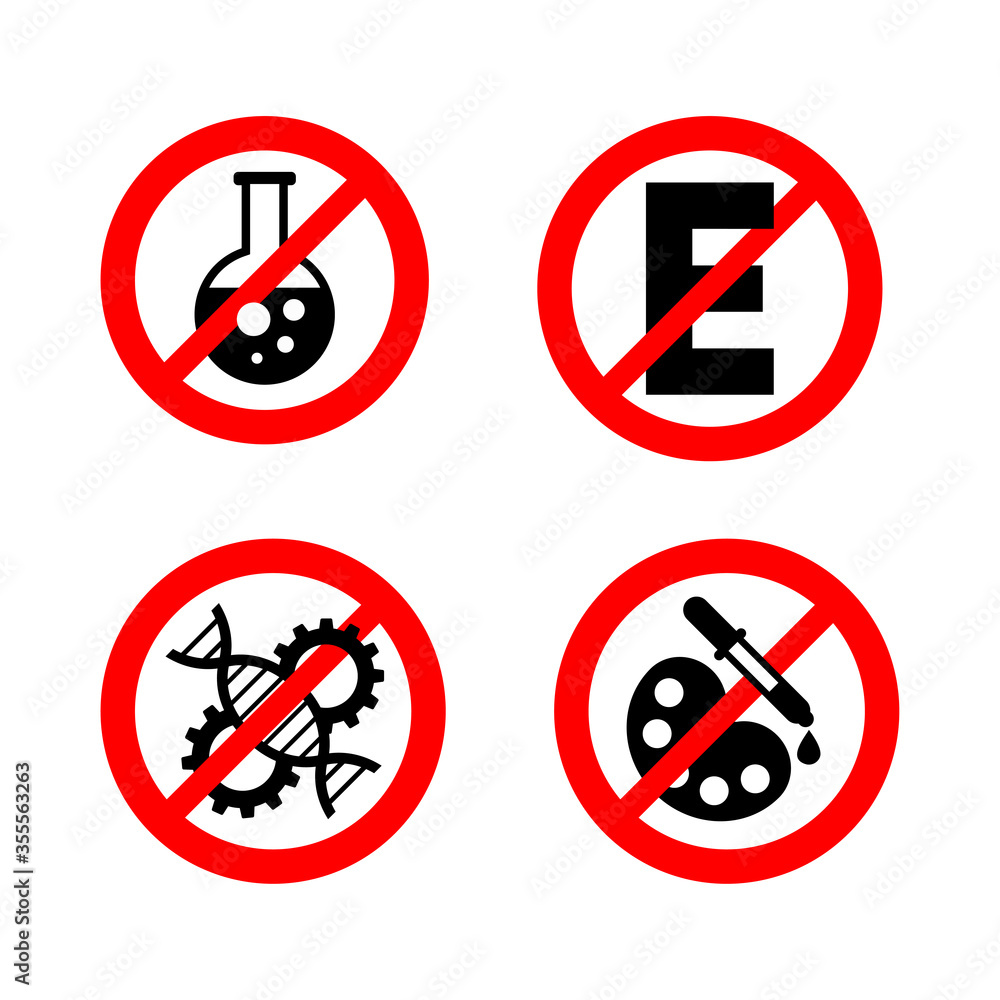 No preservatives, no GMO, no additives, E number and dye free sign - organic food stickers - set of vector icons (labels for packaging) No preservatives, no GMO, no additives, E number and dye free sign - organic food stickers - set of vector icons (labels for packaging)