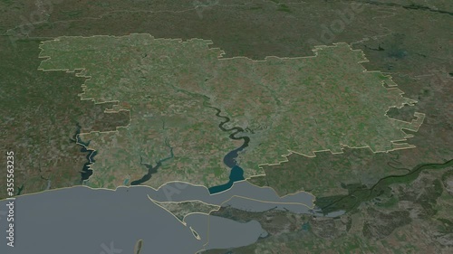 Mykolayiv, region with its capital, zoomed and extruded on the satellite map of Ukraine in the conformal Stereographic projection. Animation 3D photo