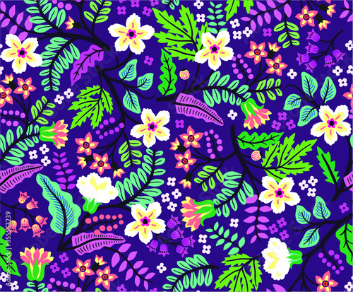 Vintage floral background. Seamless vector pattern for design and fashion prints. Flowers pattern with colorful flowers on a violet background. Ditsy style. © ann_and_pen