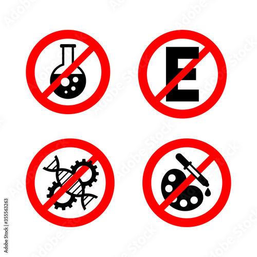 No preservatives, no GMO, no additives, E number and dye free sign - organic food stickers - set of vector icons (labels for packaging)