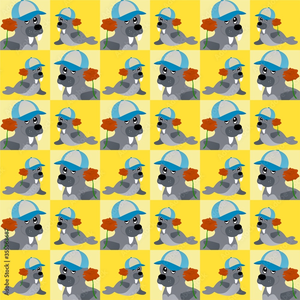 Naklejka premium Seals Wear Hat and Carry Roses Cute Illustration, Cartoon Funny Character, Pattern Wallpaper 
