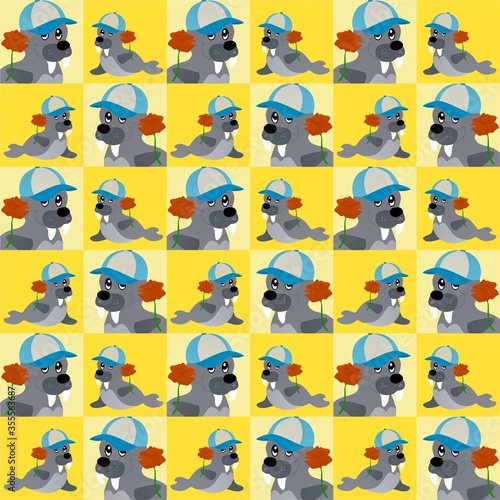 Seals Wear Hat and Carry Roses Cute Illustration, Cartoon Funny Character, Pattern Wallpaper  © Arya