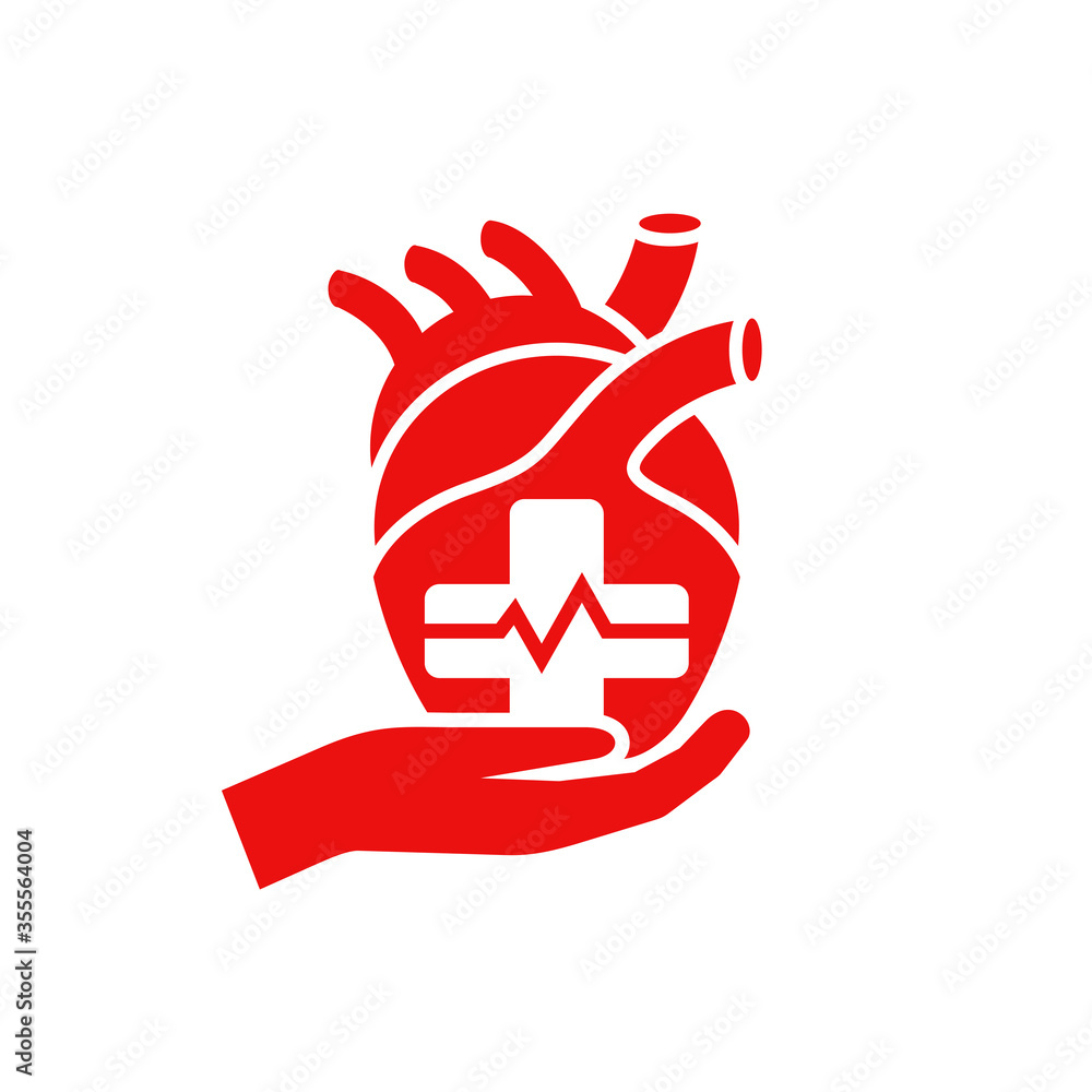 Heart care medical flat icon - and holds human heart with medical cross and pulse line inside - isolated vector logo Heart care medical flat icon - and holds human heart with medical cross and pulse line inside - isolated vector logo