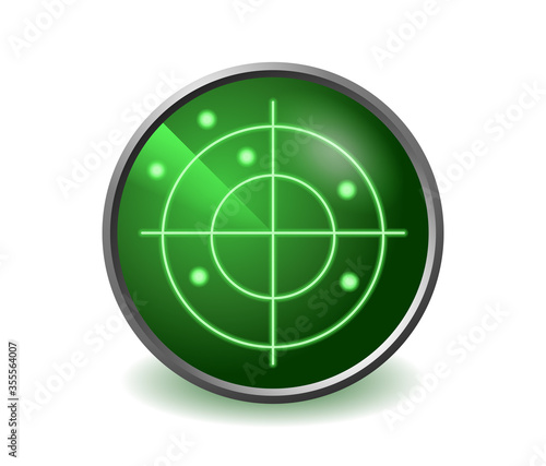 Radar icon - green screen of military scanner - target localization and electronic protection - isolated vector realistic picture
