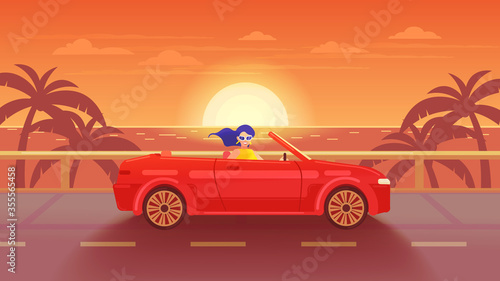Tropical landscape. Poster. Woman riding a red cabriolet on the road to the sea at sunset.