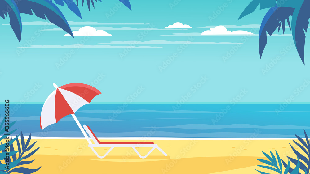 Tropical landscape. Palm trees and tropical plants. Seascape. Beach chair with umbrella on the beach.
