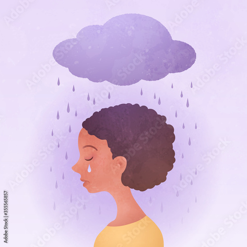 Anxiety, Obsessive compulsive, ADHD, and Mental disorders concept. Closeup sad young woman with a rainy cloud above the head. Conceptual vector illustration.