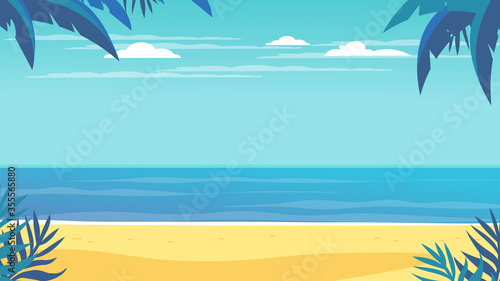 Tropical landscape. Palm trees and tropical plants. Seascape.