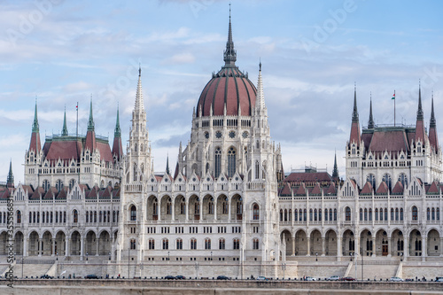 Hungary Parliament in winter afternoon by Danube river in Budapest