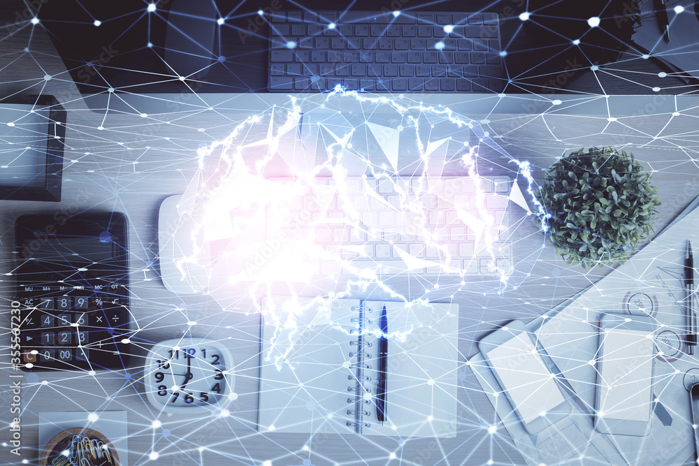 Multi exposure of brain sketch hologram over topview work table background with computer. Concept of big data. Multi exposure of brain sketch hologram over topview work table background with computer. Concept of big data.