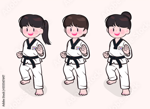 태권도를 하는 귀여운 캐릭터 일러스트.