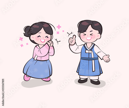 한국 전통의상 한복을 입은 남녀 캐릭터.